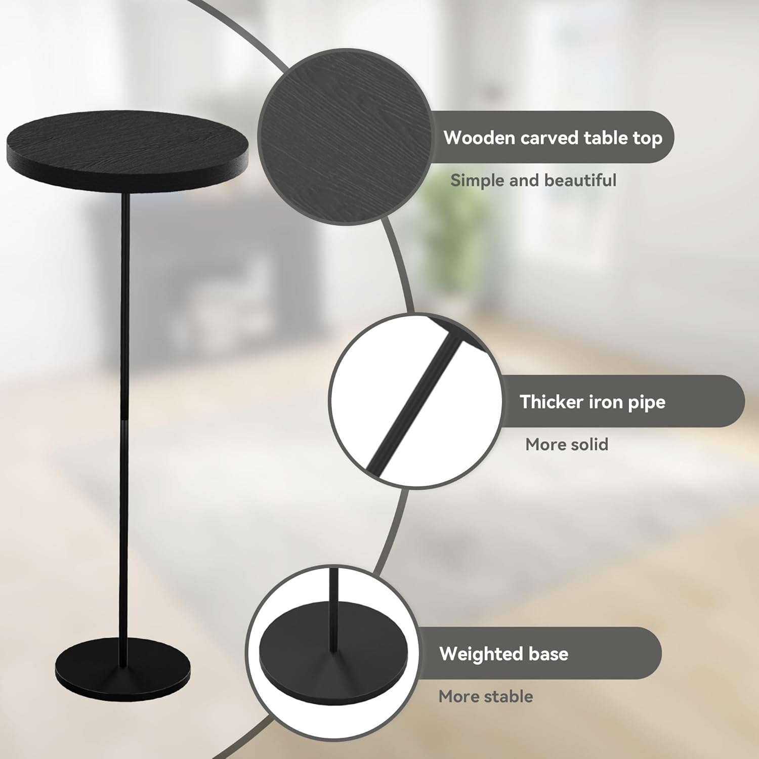 Small Side Table, Metal Round Drink Table, Desktop Diameter 9.99“ for Living Room Bedroom Small Spaces Sofa Couch Chair, Black