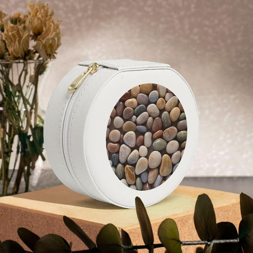 Small Jewelry Box Leather Travel Jewelry Case Waterproof Round Jewelry Organizer White For Womens Rings Necklaces Gifts Petoskey Stone