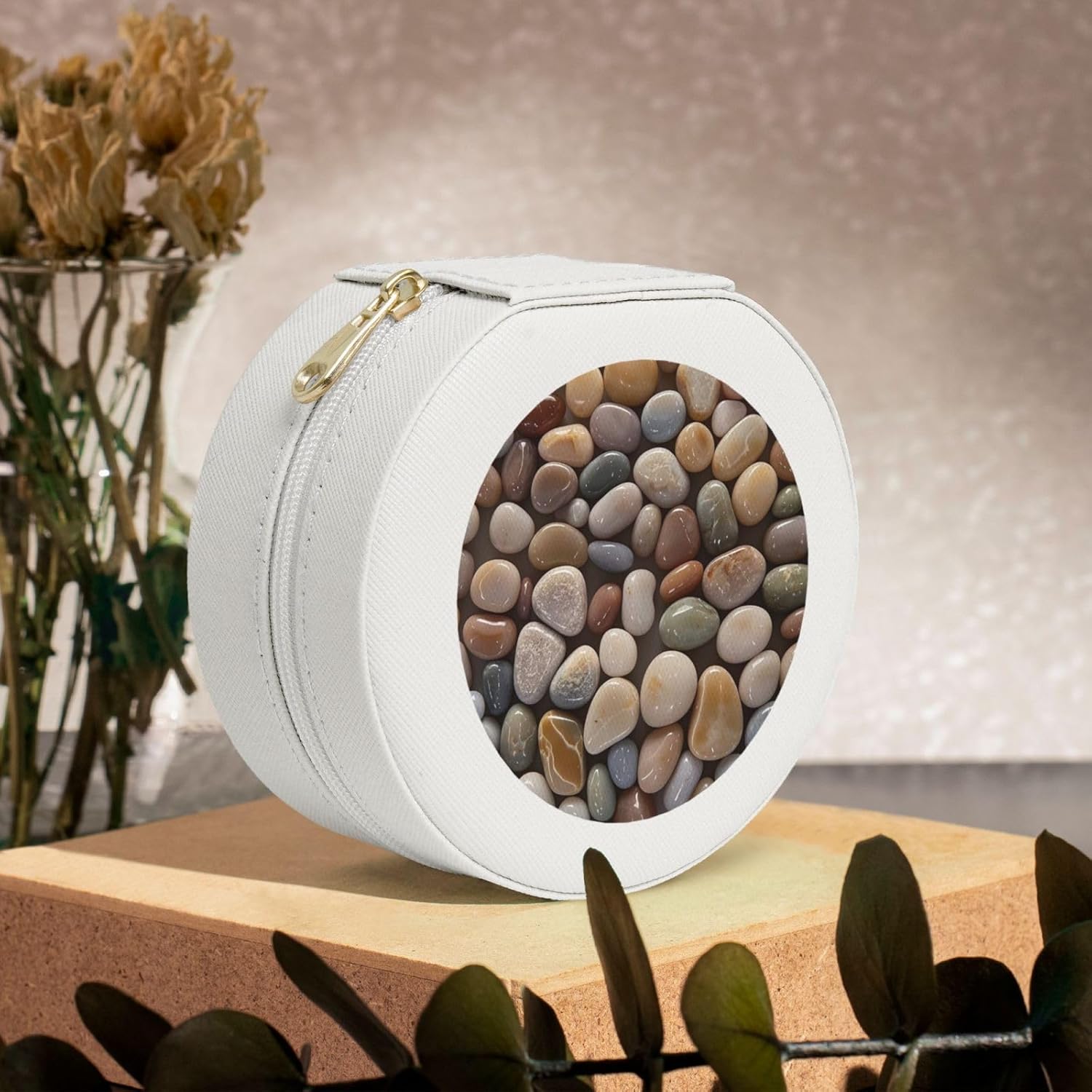 Small Jewelry Box Leather Travel Jewelry Case Waterproof Round Jewelry Organizer White For Womens Rings Necklaces Gifts Petoskey Stone