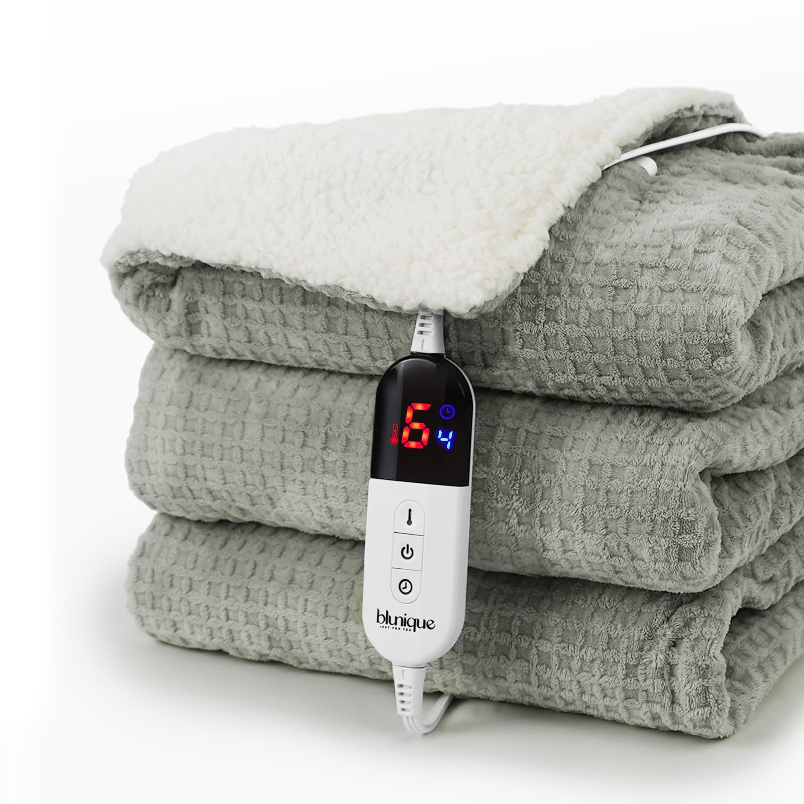 Heated Blanket Electric Throw Waffle, 50x60 Inches Sherpa Fleece Fast Heating Blanket 6 Heating Levels & 4 Hours Auto Off ETL Certification, Sage Green Throw