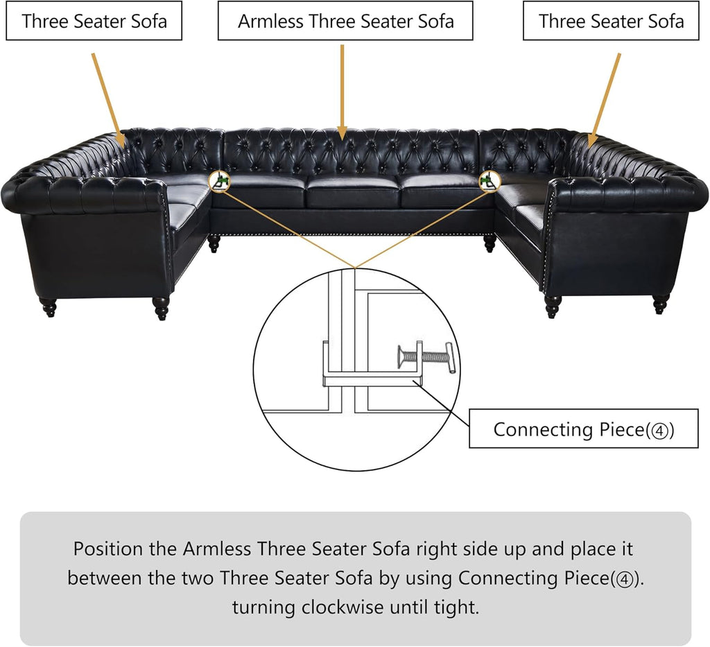 U Shaped Large Sectional Sofa, Chesterfield Leather Faux Couch Tufted Accent Sofa with Scroll Arms and Nailhead for Living Room, Office
