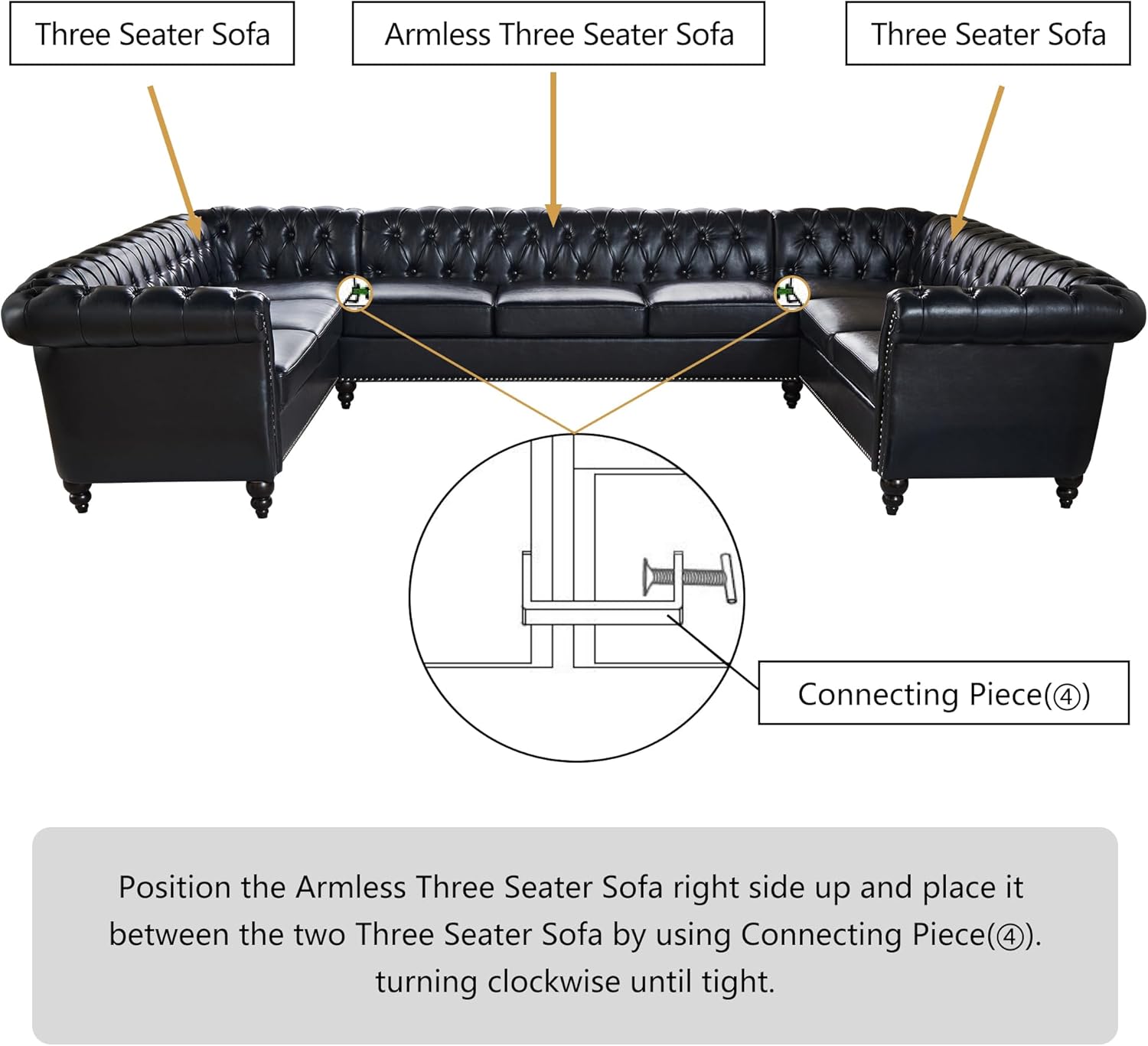 U Shaped Large Sectional Sofa, Chesterfield Leather Faux Couch Tufted Accent Sofa with Scroll Arms and Nailhead for Living Room, Office