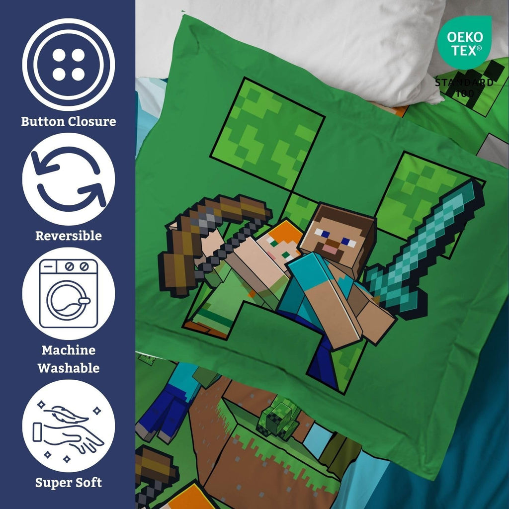 Jay Franco Kids Duvet Cover Set – 3 Piece Super Soft Bedding with Sham Pillowcase, Cover ONLY Comforter Not Included, Blue - Minecraft, Full