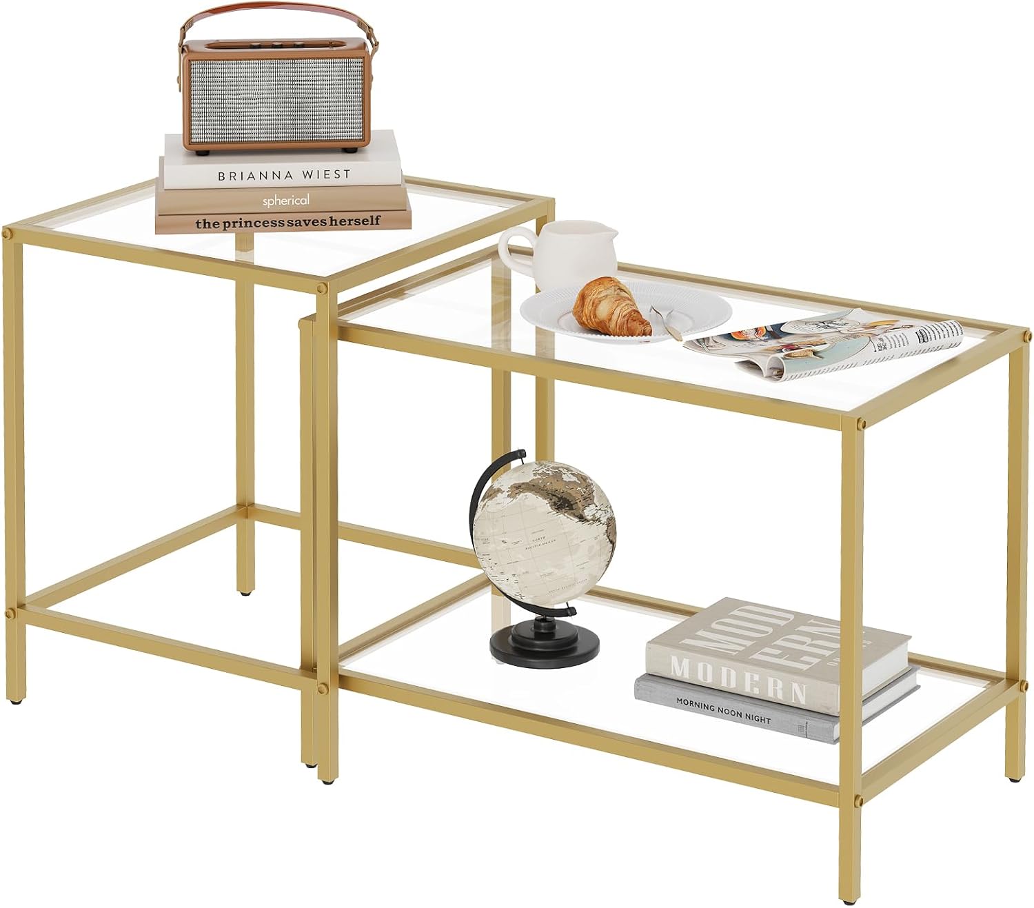 Nesting Coffee Table,Small Glass Coffee Table Set of 2,Black Modern Center Sofa Side Tea Table for Living Room,Bedroom and Small Spaces,2 Tier Tempered Glass, Easy Assembly,Gold