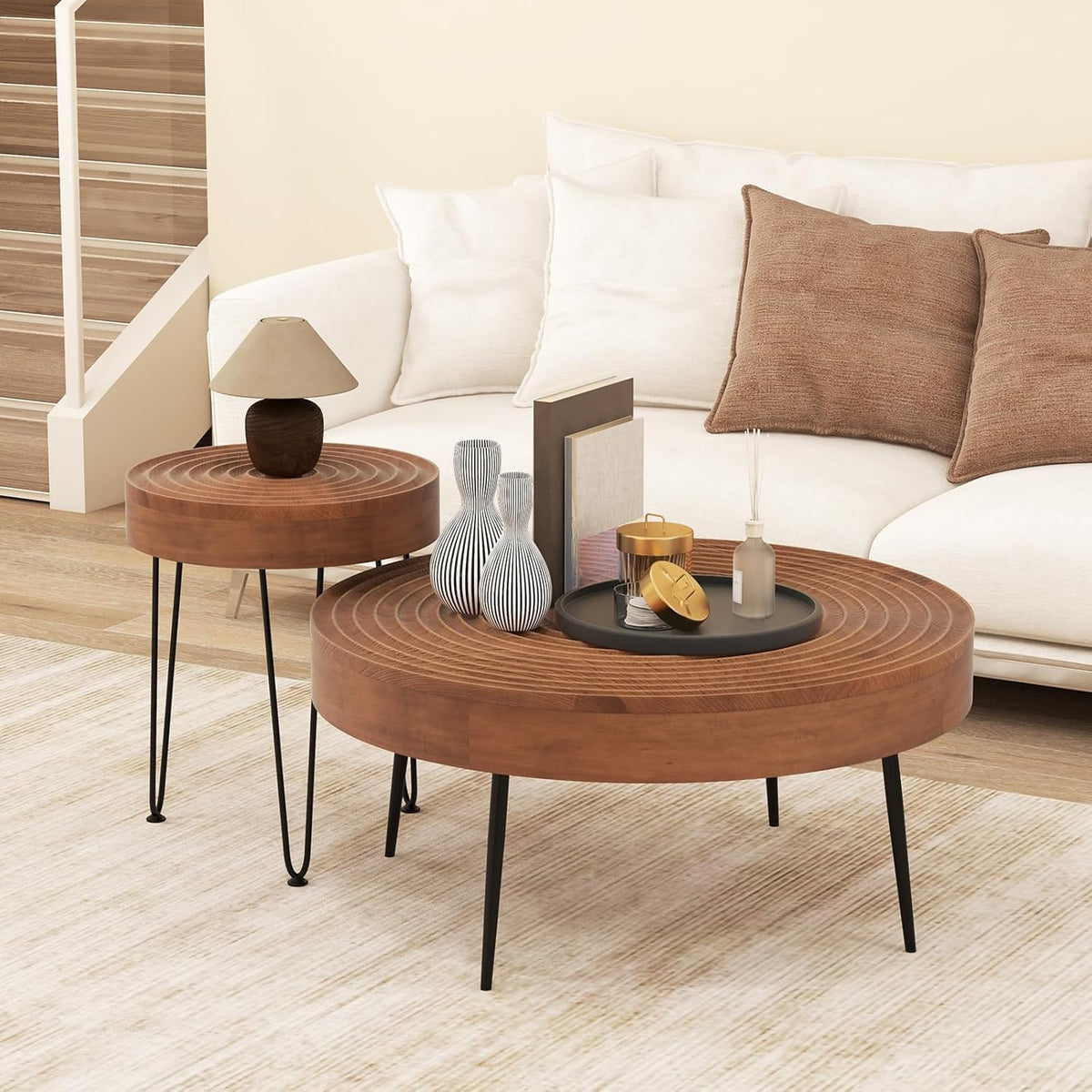 Giantex Boho Round Coffee Table Set of 2, Sofa Side Nesting Table with Solid Pine Wood Top, Metal Legs & Adjustable Foot Pads, 31.5" D Large Table Set for Living Room (Ring Pattern, Brown)