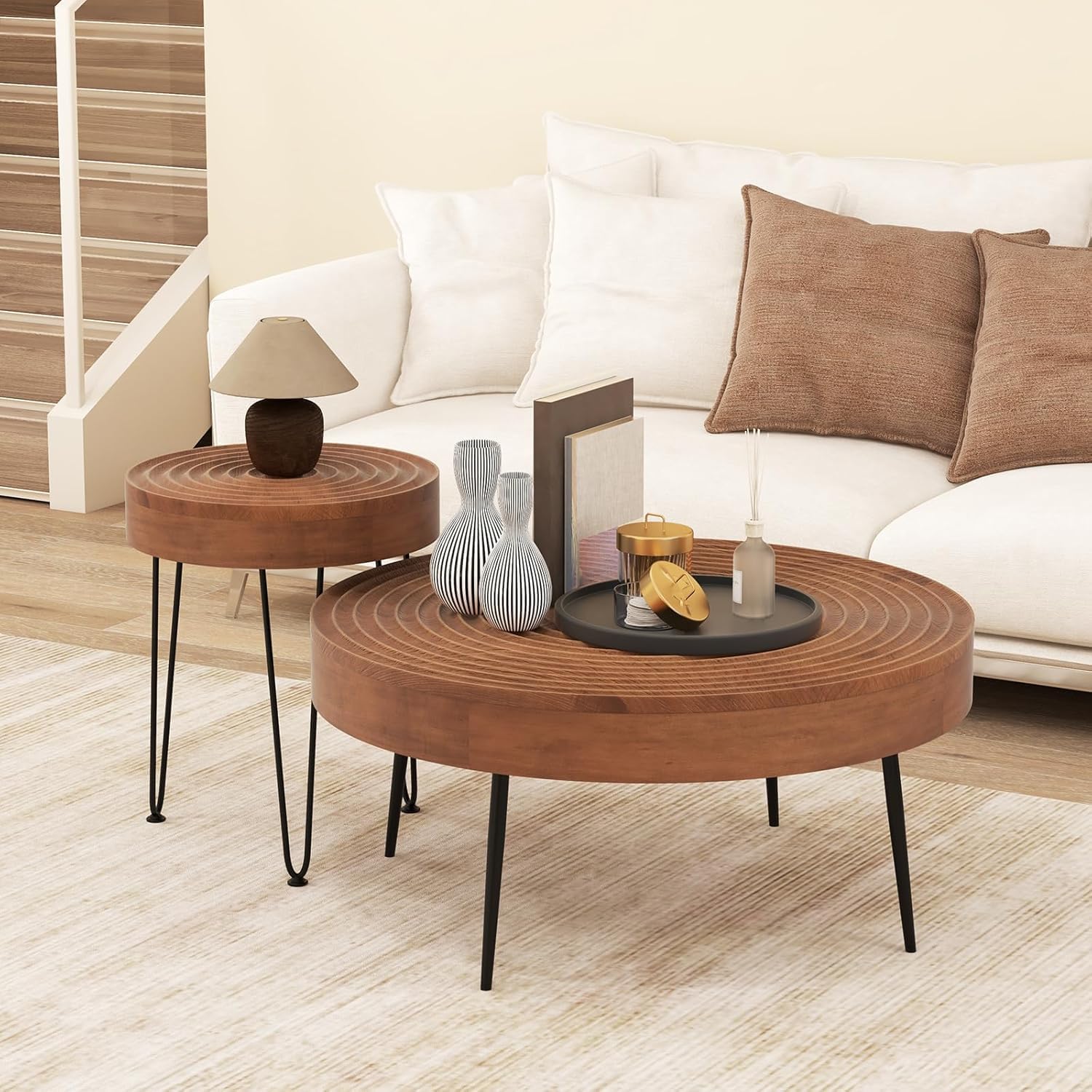 Giantex Boho Round Coffee Table Set of 2, Sofa Side Nesting Table with Solid Pine Wood Top, Metal Legs & Adjustable Foot Pads, 31.5" D Large Table Set for Living Room (Ring Pattern, Brown)