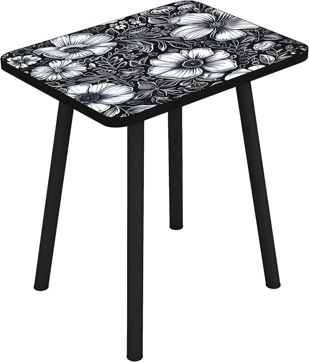 Mandala Small Rectangle End Table, Side Table with Black Flowers Finish, Retro Modern Small Coffee Table for Balcony, Living Room(11.8" D x 15.7" W x 17" H, Black, Rectangle)