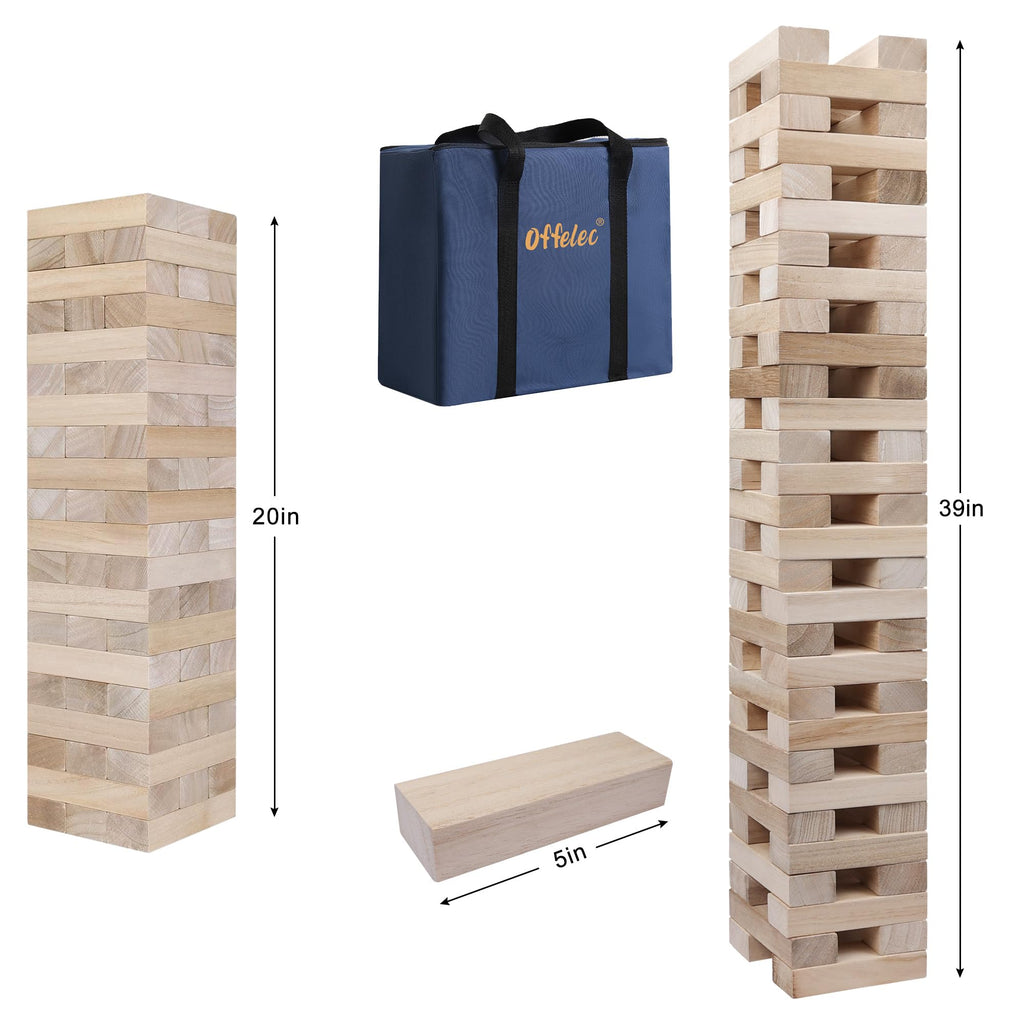 Offelec Tumbling Tower Blocks Games,Large Wooden Blocks Stacking Game for Kids Adults Family Classic Stacking Board Games for Indoor Outdoor Backyard Lawn Stack to Over 3.2Ft- 60pcs with Carrying Bag