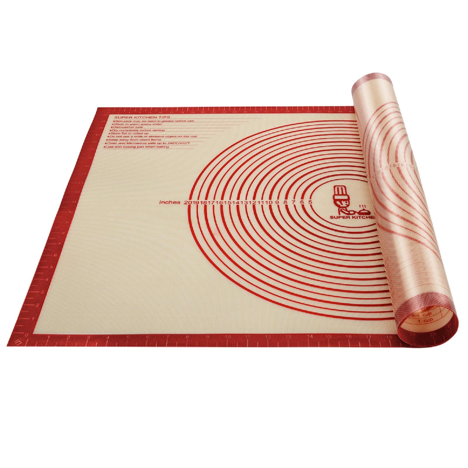 Non-slip Silicone Pastry Mat Extra Large with Measurements 16''By 26'' for Silicone Baking Mat, Counter Mat, Dough Rolling,Oven Liner,Fondant/Pie Crust By Folksy Super Kitchen Red