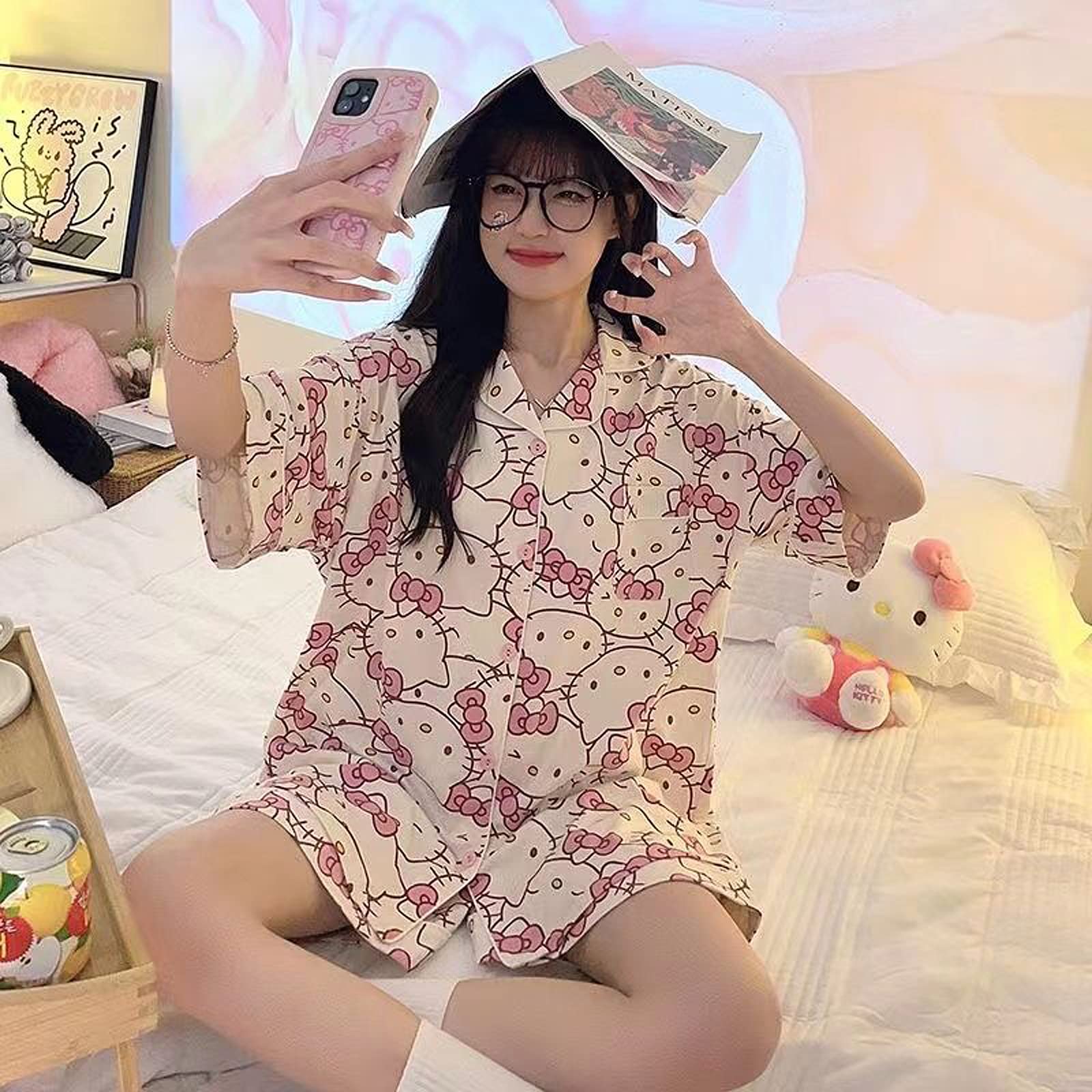 Ocroyea Kawaii Pajamas For Women Short Sleeve Cardigan Pjs Two-Piece Set Cute Cartoon Girls Pajama Leisure Short Sleeve Sleepwear Home Clothes