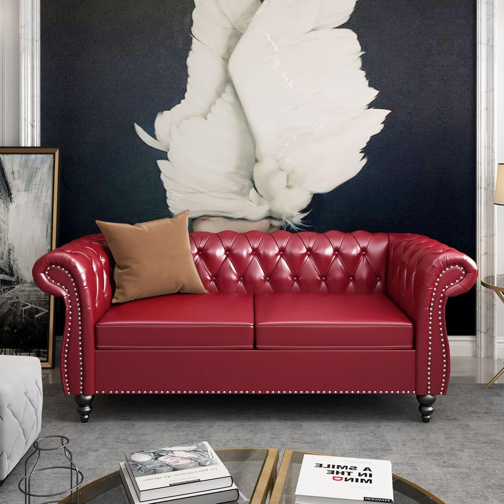 Chesterfield 3 Seater Sofa, Modern Leather Tufted Couch 3 Seater with Rolled Arms and Nailhead Mid-Century Upholstered Couch for Living Room, Bedroom, Apartment and Office, Claret