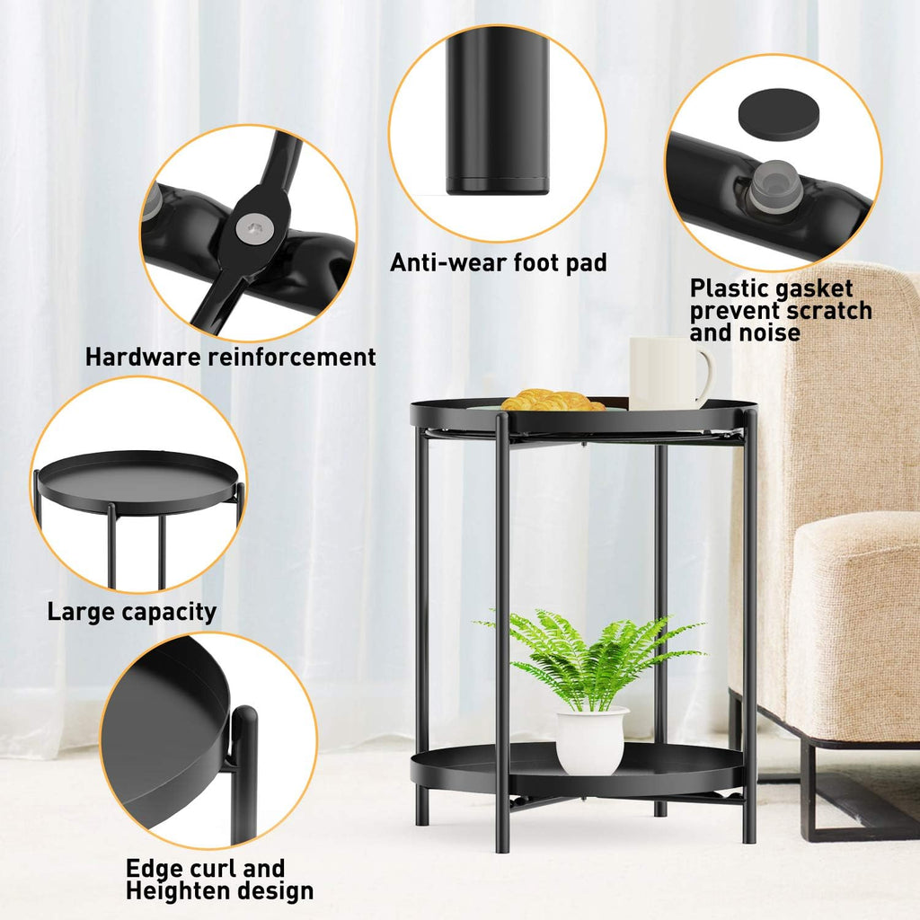 Yesker Side Table, End Table Metal Small Table Indoor Outdoor & Snack Bedside Table Sofa Side Snack Table Accent Coffee Table Living Room Bedroom Balcony 2 Layer (Black)
