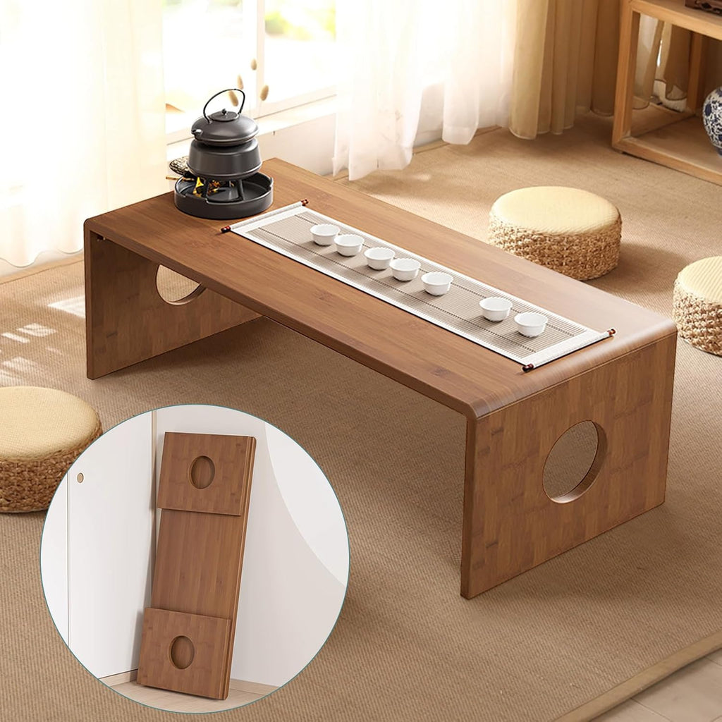 Foldable Japanese Floor Table Low Bamboo Coffee Table for Tatami Meditation,Easy Assembly,Space-Saving Design, Ideal for Small Spaces,Living Room,Bedroom,Office (Walnut, 31.49 INCH)