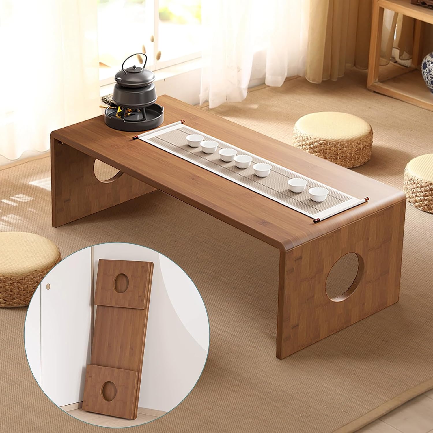 Foldable Japanese Floor Table Low Bamboo Coffee Table for Tatami Meditation,Easy Assembly,Space-Saving Design, Ideal for Small Spaces,Living Room,Bedroom,Office (Walnut, 31.49 INCH)