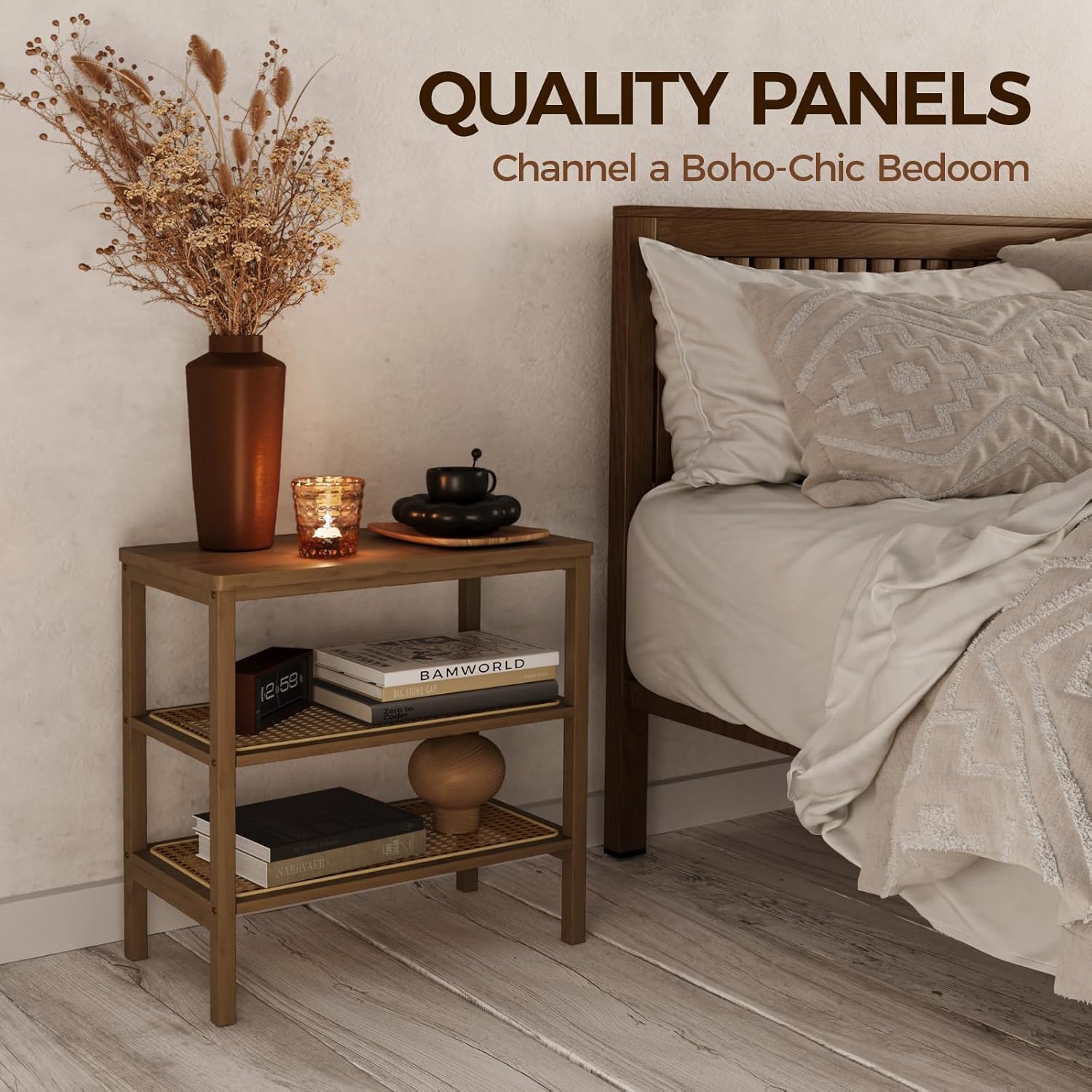 Rattan Side Table Mid Century Modern End Table 3-Tier with Storage Narrow Coffee Table Boho Night Stand Bamboo