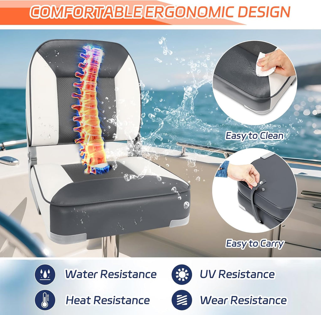 Boat Seats 2 Pack, Skureay Low/High Back Fishing Folding Boat Seat Waterproof Captain Boat Chair，Boatseat 2 Pack Suitable for Jon/Pontoon/Canoe/Bass Tracker Boat seats-UNIQUE Color Design (Gray/White)