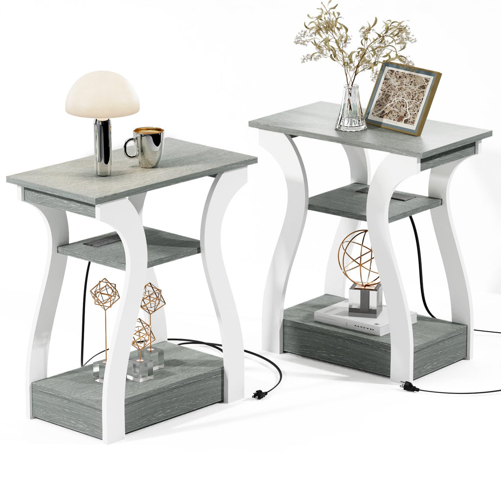 End Tables Living Room, White End Table with Charging Station,White Side Table, Nightstand for Bedroom, 3 Tier End Table with Storage Shelf for Living Room