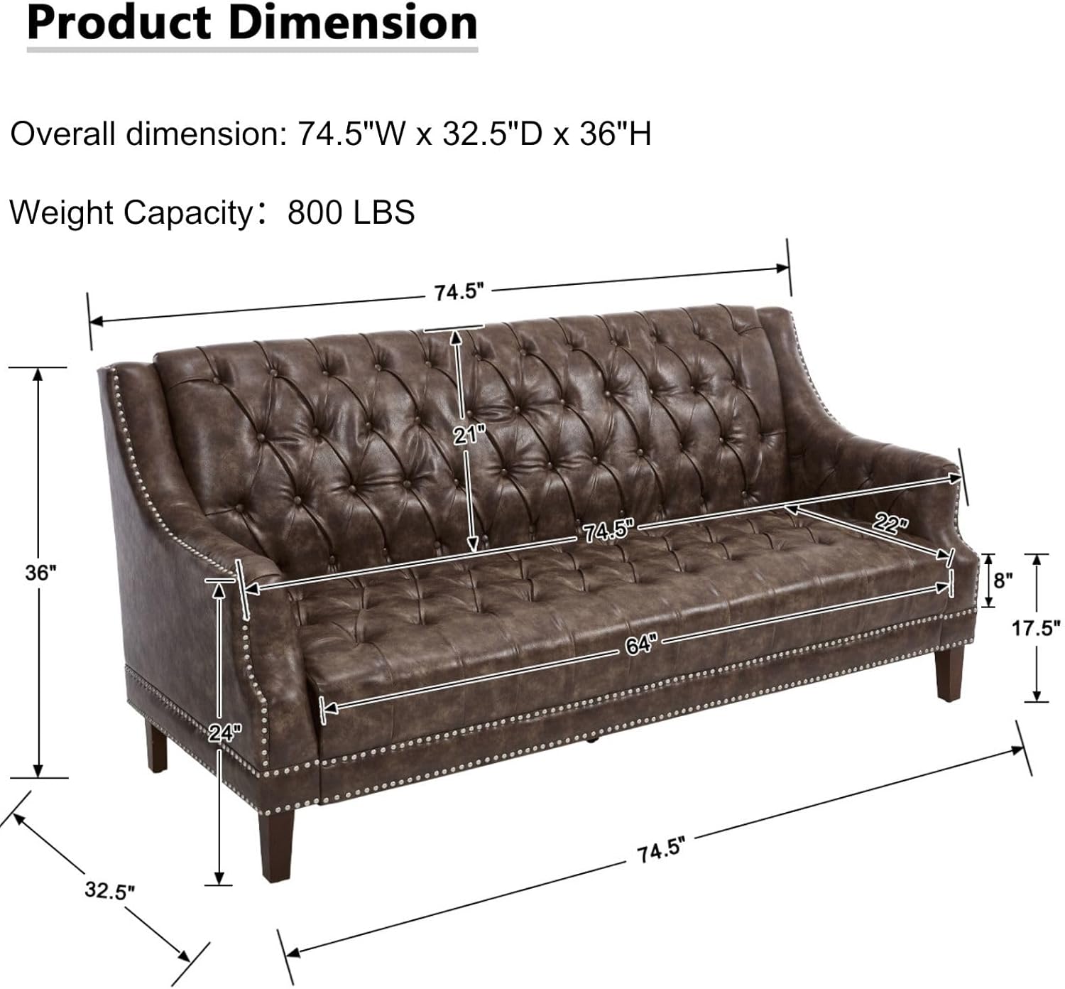 Faux Leather Sofa Couch, Button-Tufted 3-Seater Sofa with Armrest & Deep Seat, 74" Vintage Chesterfield Style Upholstered Loveseat Sofa for Living Room/Home Lounge Apartment, Deep Brown