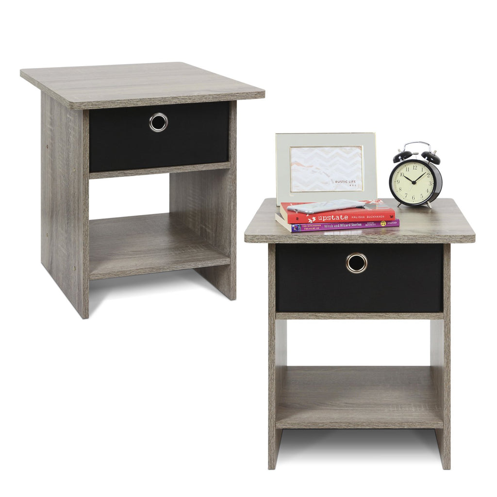 Furinno Andrey Set of 2 End Table / Side Table / Night Stand / Bedside Table with Bin Drawer, French Oak Grey