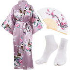 Heone Kimono Satin Peacock Printed Lightweight Cardigan Jacket Coat Yukata Cloak Bathrobe Tops folding Fans Tabi Socks Set