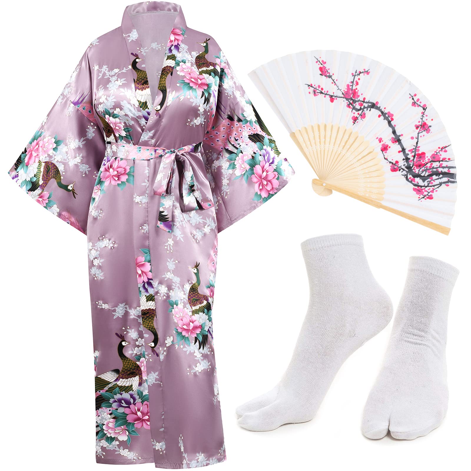 Heone Kimono Satin Peacock Printed Lightweight Cardigan Jacket Coat Yukata Cloak Bathrobe Tops folding Fans Tabi Socks Set
