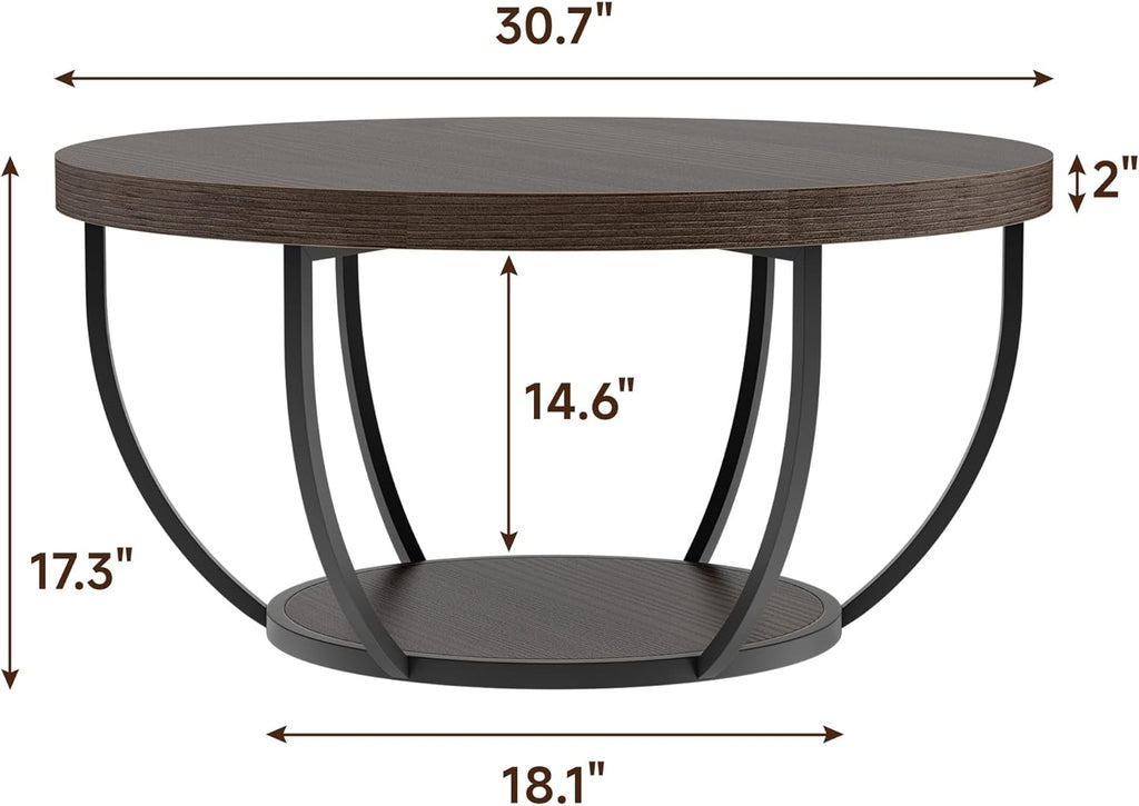 Round Coffee Table, 31" Coffee Table for Living Room Decor, 2-Tier Storage with Steel Frame, Space-Saving Wood Center Table, Modern Style Easy Assembly (Dark Coffee)