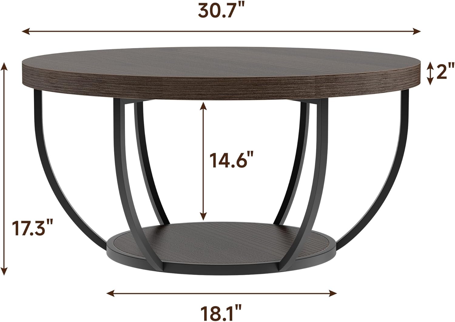 Round Coffee Table, 31" Coffee Table for Living Room Decor, 2-Tier Storage with Steel Frame, Space-Saving Wood Center Table, Modern Style Easy Assembly (Dark Coffee)