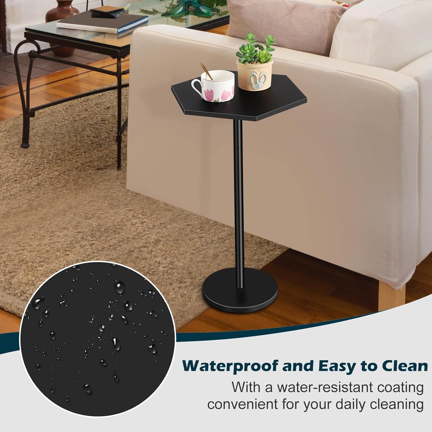 Vrisa Drink Table Small Hexagon Side Table for Small Spaces Round Pedestal Accent End Table Modern Martini Coffee Cocktail Table for Living Room, Bedroom, Sofa Couch Chair, Patio, Black