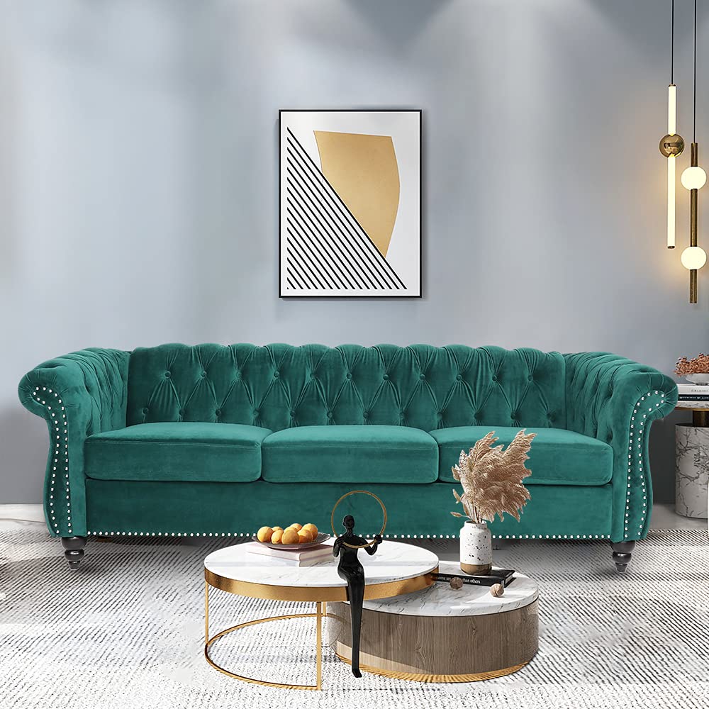 LEVNARY Three-Seat Velvet Sofa, Large Sofa Classic Tufted Chesterfield Settee Modern 3 Seater Couch Furniture Tufted Back for Living Room, Blue