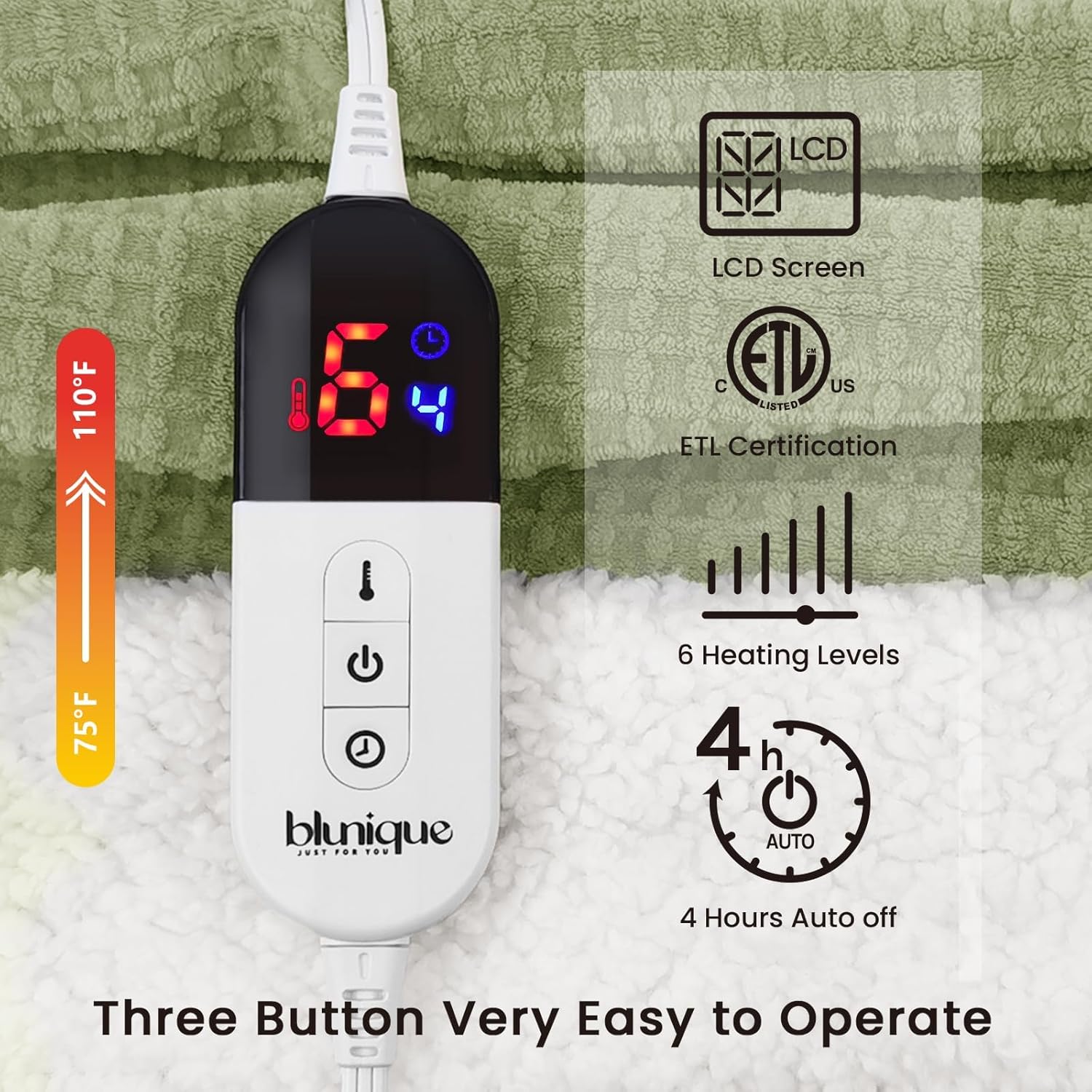 Heated Blanket Electric Throw Waffle, 50x60 Inches Sherpa Fleece Fast Heating Blanket 6 Heating Levels & 4 Hours Auto Off ETL Certification, Sage Green Throw