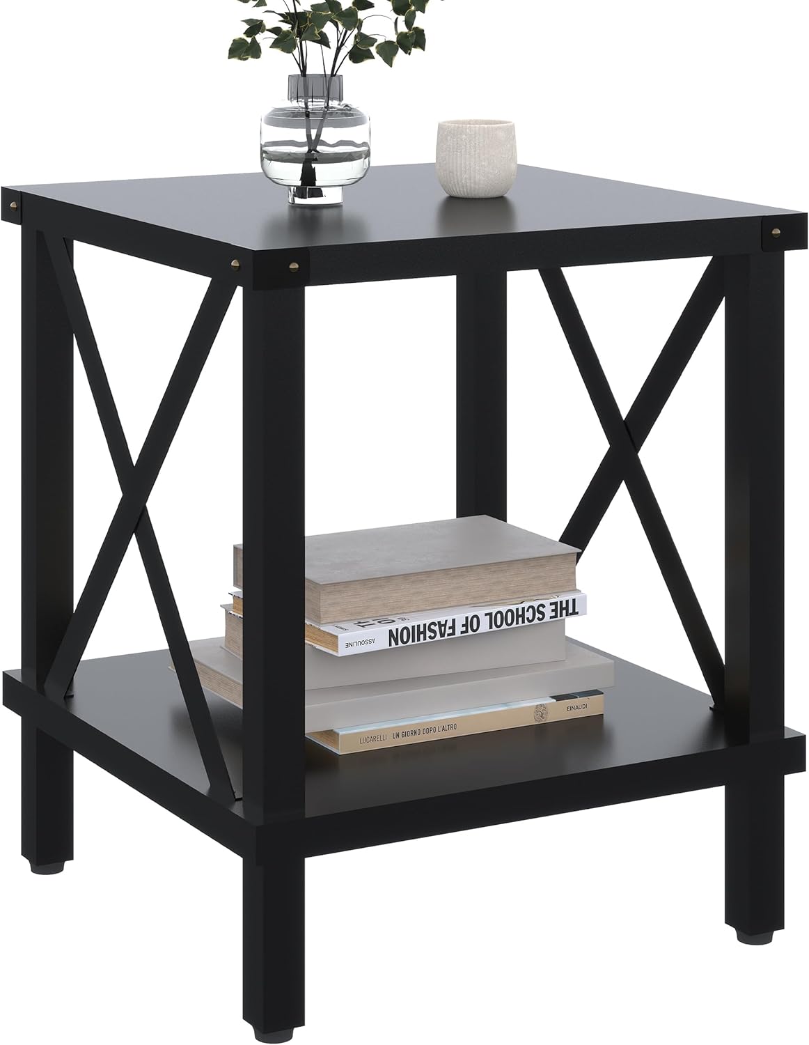 Large End Table Farmhouse Side Table Industrial Style Sofa Table Coffee Table Metal X Accent Wood End Table NightStand with Storage Shelf for Living Room Bedroom Black MLBZ16B