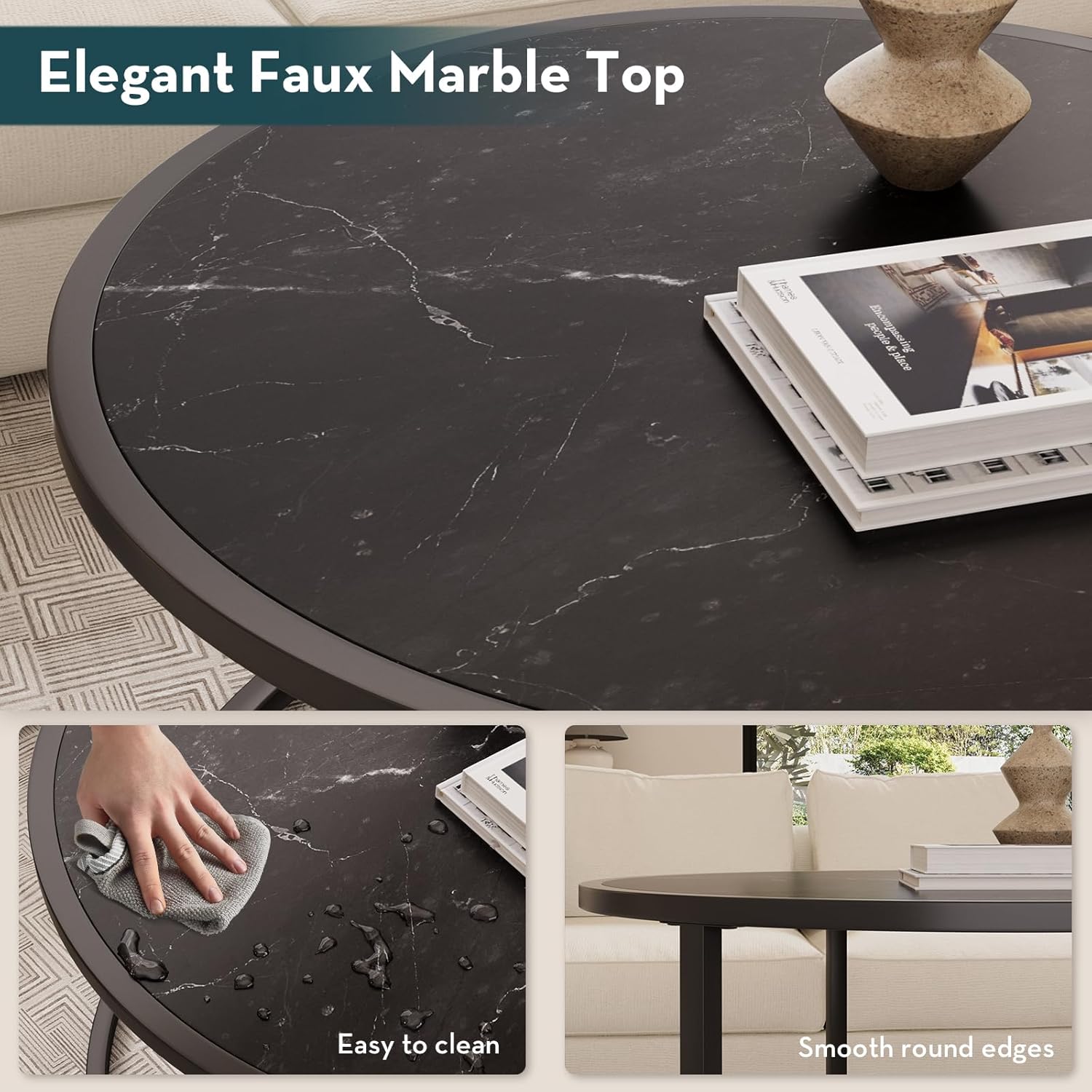 SAYGOER Black Coffee Table Round Marble CoffeeTables for Living Room Modern Small Center Table with Metal Frame, 27.6 * 27.6 * 17.7, Faux Marble
