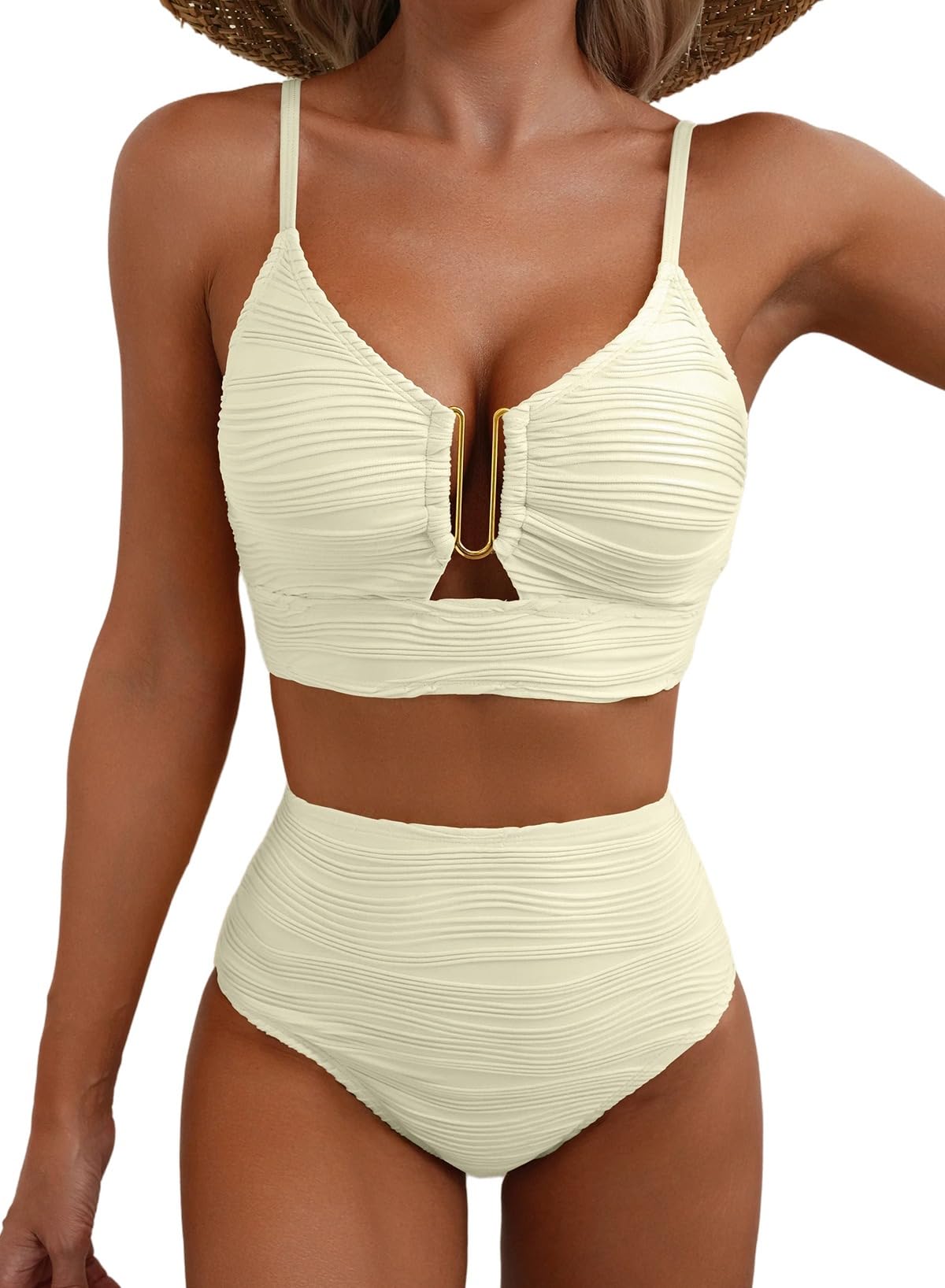 Herseas Womens Sexy U Wired Ruched Push Up 2 Piece Bikini Tummy Control High Waisted Cutout Adjustable Straps Swim Suits Beige Medium
