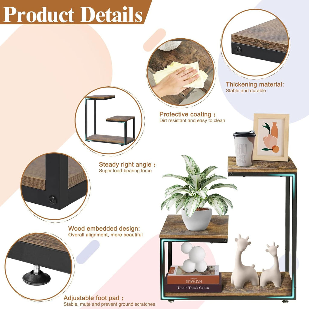 G-Shaped Side Table with Thick Metal Frame, 3-Tier End Table for Sofa Bedside Table with Storage, Corner Table Coffee Table for Bedroom Living Room Kitchen (Rustic Brown)