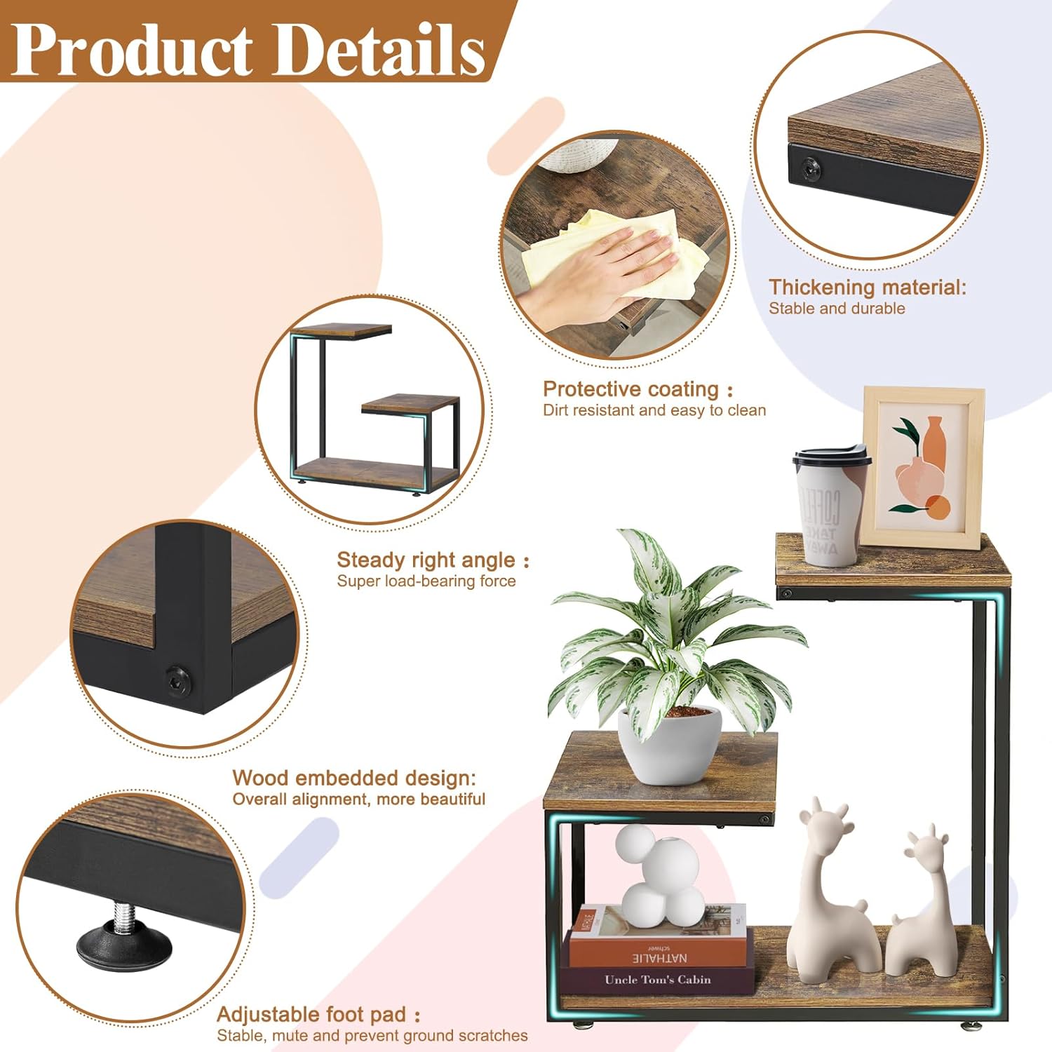 G-Shaped Side Table with Thick Metal Frame, 3-Tier End Table for Sofa Bedside Table with Storage, Corner Table Coffee Table for Bedroom Living Room Kitchen (Rustic Brown)