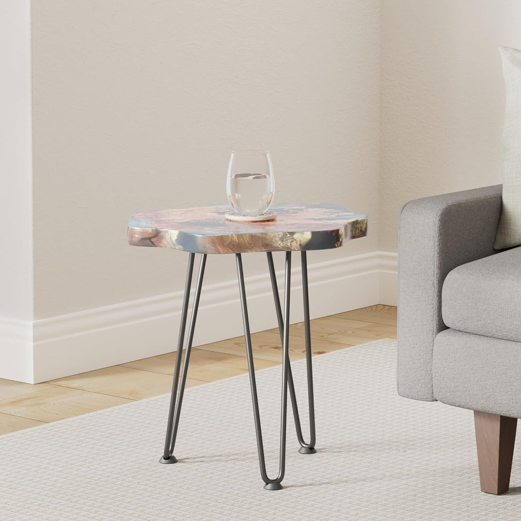 Crystal Clear Epoxy Resin Natural Edge Wood end Table, Wood Resin Side Table Hand Made Craft Coffee Table with Hairpin legs-20 inch Tall (Blue)