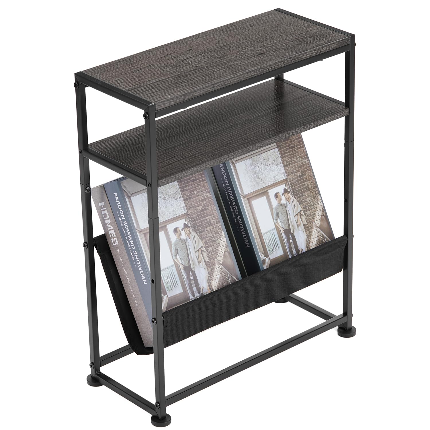 Narrow End Table for Small Spaces - Slim Side Table with Magazine Holder,2 in 1 Design Narrow Coffee Table Living Room,Skinny Bedroom Nightstand Thin Side Magazine Table,Black