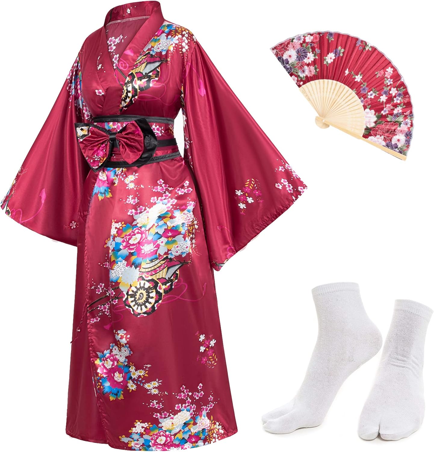 Japanese Anime Women's Kimono Robe Geisha Yukata Sweet Dress Blossom Satin Bathrobe Sleepwear Fans Tabi Socks Set