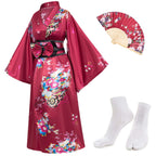 Japanese Anime Women's Kimono Robe Geisha Yukata Sweet Dress Blossom Satin Bathrobe Sleepwear Fans Tabi Socks Set