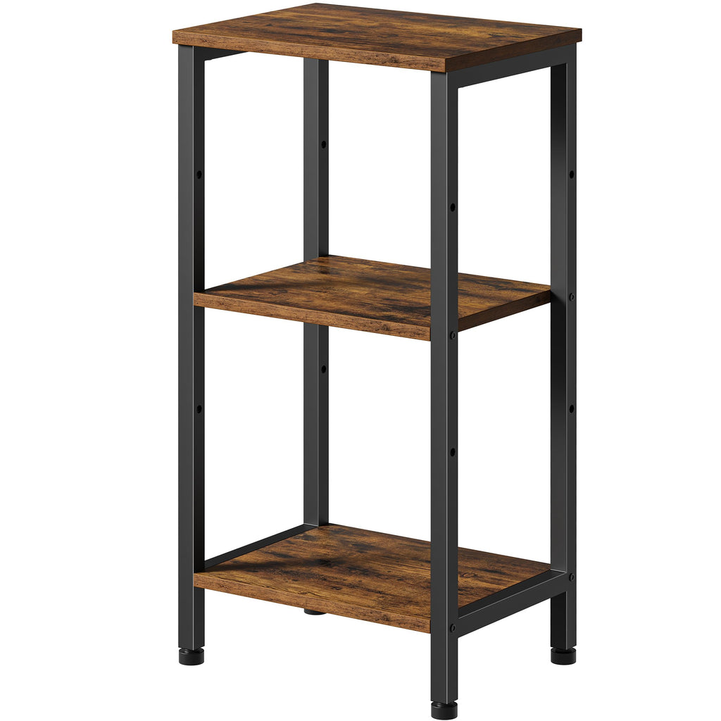 Tall End Table with Charging Station, 3 Tier Narrow Tall Nightstand with Storage, Slim Side Table with USB Ports and Outlets for Bedroom, Living Room, Office, Rustic Brown and Black
