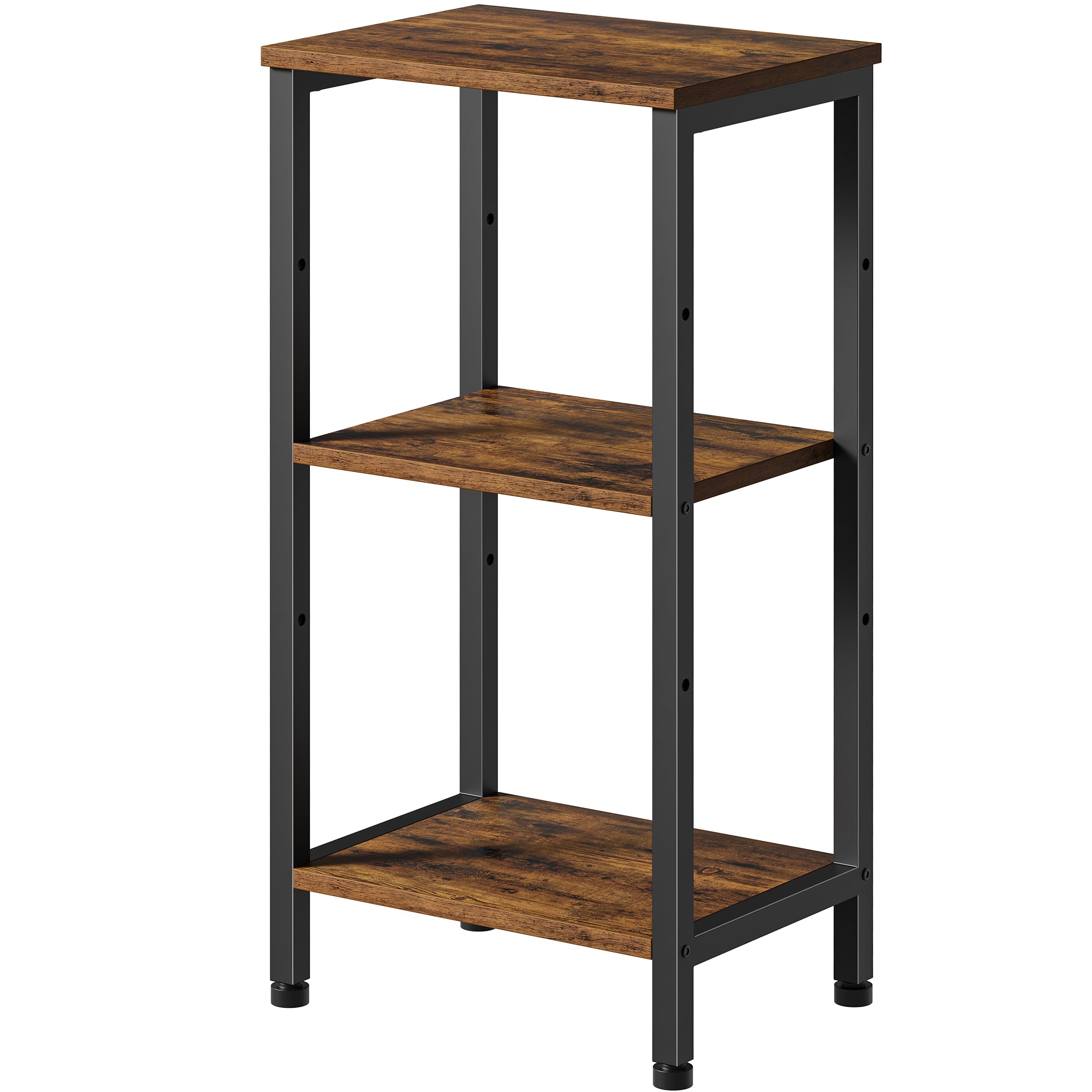 Tall End Table with Charging Station, 3 Tier Narrow Tall Nightstand with Storage, Slim Side Table with USB Ports and Outlets for Bedroom, Living Room, Office, Rustic Brown and Black