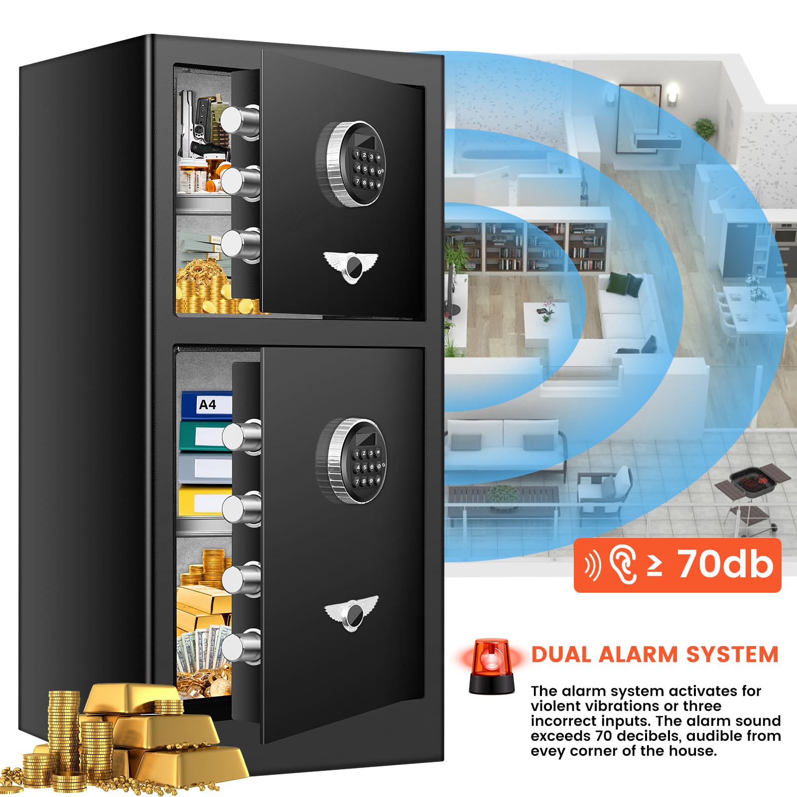 [DOUBLE DOOR SAFE] 8.1 Cub Extra Large Home Safe with Fireproof Waterproof Document Bag, Heavy Duty Digital Security Safe with [HIDDEN LOCK BOX], Fireproof Safe for Home Business Office USE