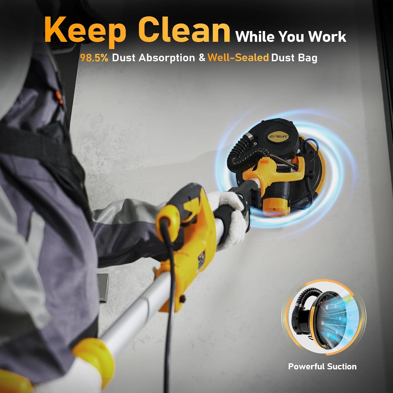 GEVEELIFE Drywall Sander, 880W 7.33A Electric Drywall Sander with Vacuum Dust Collector, 5 Variable Speed 1000-2100RPM, LED Light, Foldable & Extendable Handle, 12 Sanding Discs