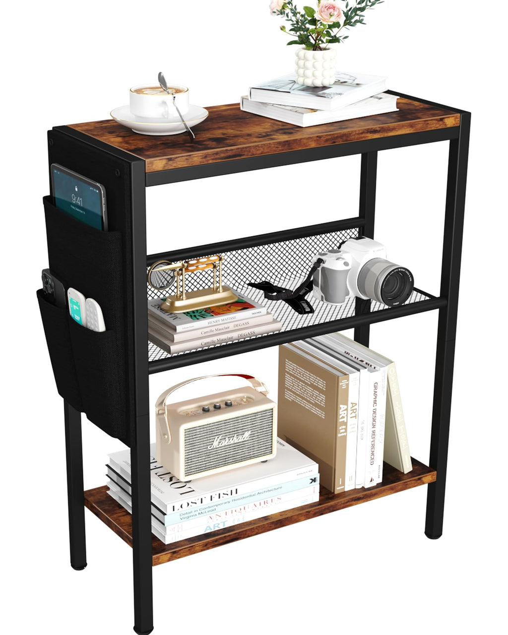 Yusong Small Narrow Side Table for Small Spaces, Slim End Table with Storage Bag, Sofa Snack Table with Adjustable Metal Mesh, 3 Tier Accent Skinny Beside Table for Living Room & Bedroom, Black Oak