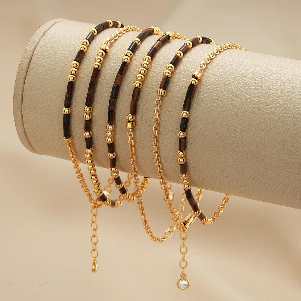 Bracelet Morse Code Or MEVECCO pour Femmes Bracelet Mixte en Pierre Œil de Tigre Plaqué Or 18K Bracelet Chaîne Morse Code Personnalisé Fait Main Empilable Bijoux Cadeaux