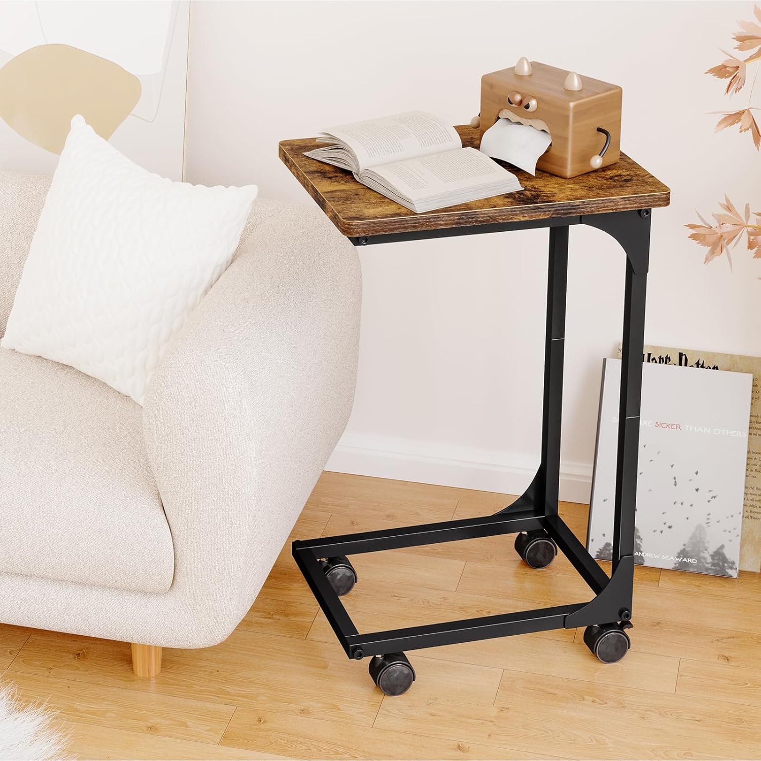 Fixwal TV Tray, C Table, C Shaped Side Table with Wheels for Couch, Coffee Tables for Living Room Sofa End Table, Bedside Table for Bedroom, Rustic Brown