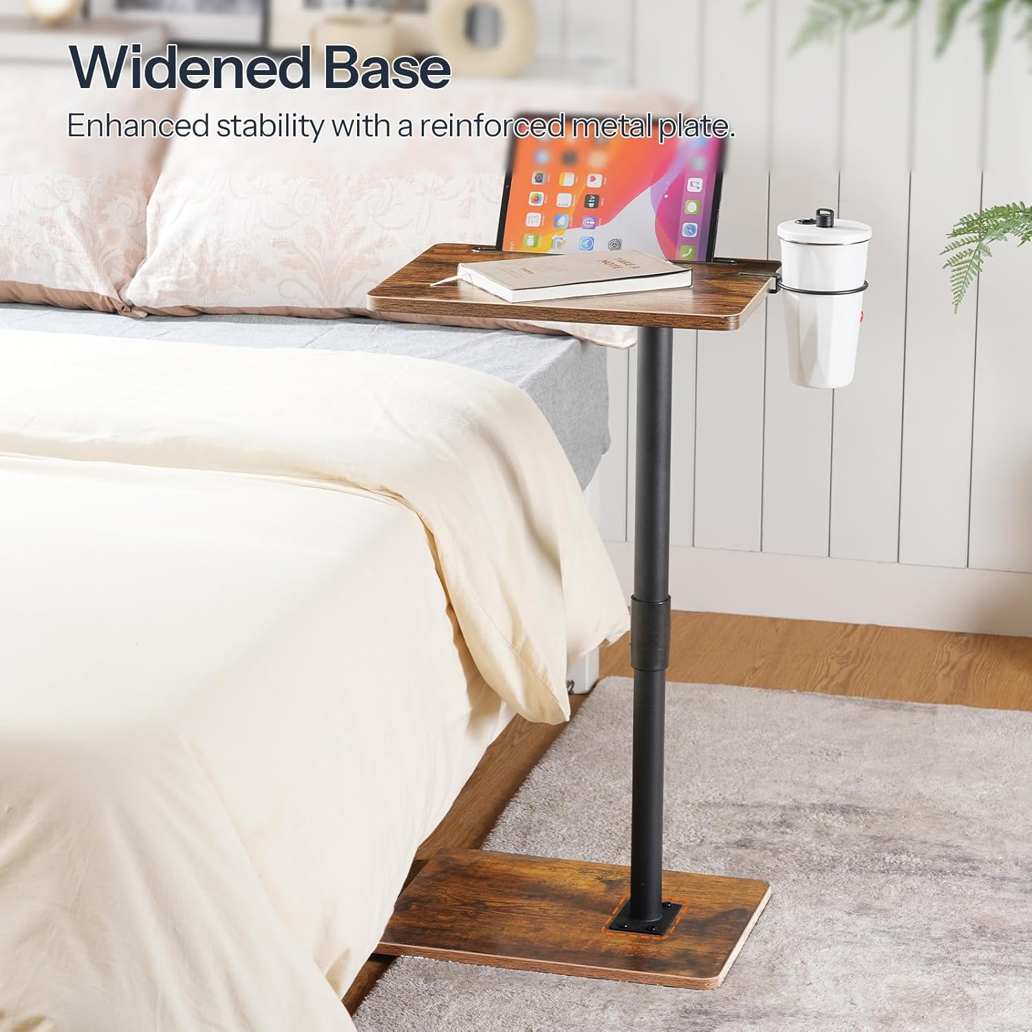 HOOBRO TV Tray Table, 360° Swivel Side Table Sofa Armrest Tray for Couch, Height Adjustable C Shaped End Table, Snack Desk with Cup Holder, for Small Spaces, Rustic Brown and Black BF234BZ01