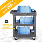 ELAFROS 3 Shelf Heavy Duty Plastic Utility Cart 34 x 17 x 38.5 Inch - Work Cart with 2 Fixed 2 Swivel Wheels and Safely Holds up to 550 lbs - 3 Tier Service Cart Deep Shelves Tool cart, Gray