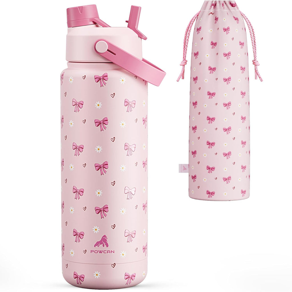 POWCAN 32 oz Insulated Water Bottle with 2-in-1 Straw and Spout Lid, Keep Cold 24H, Leak-Proof, BPA-Free, Double Wall Stainless Steel Water Bottle for Sports, Gym, Travel, Gift, School (Bow Crush)