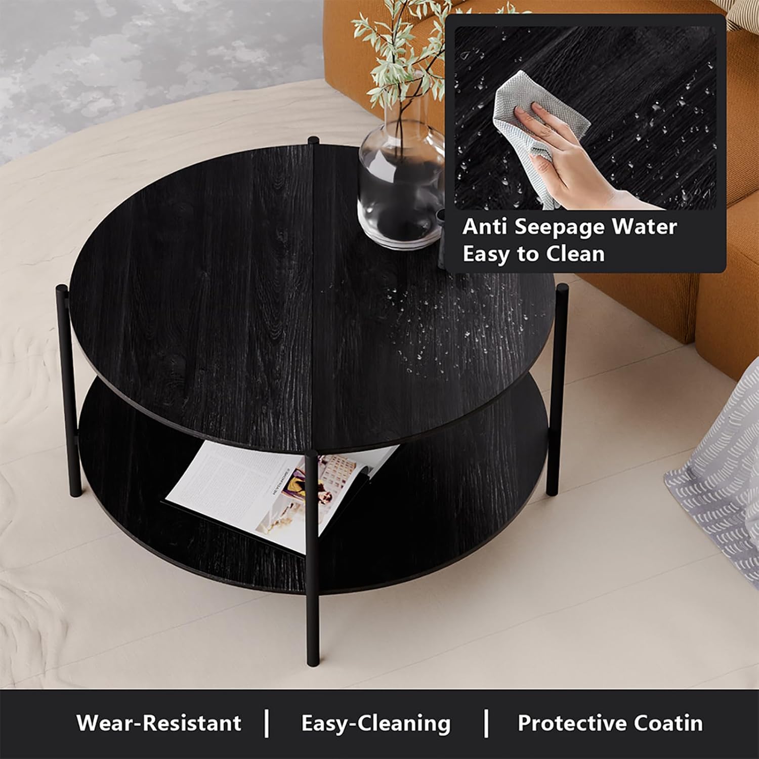 Round Coffee Table, 2-Tier 32.9" Circle Coffee Tables with Storage Wood Rustic Farmhouse Center Circular Coffee Table for Living Room Bedroom Balcony Office - Black